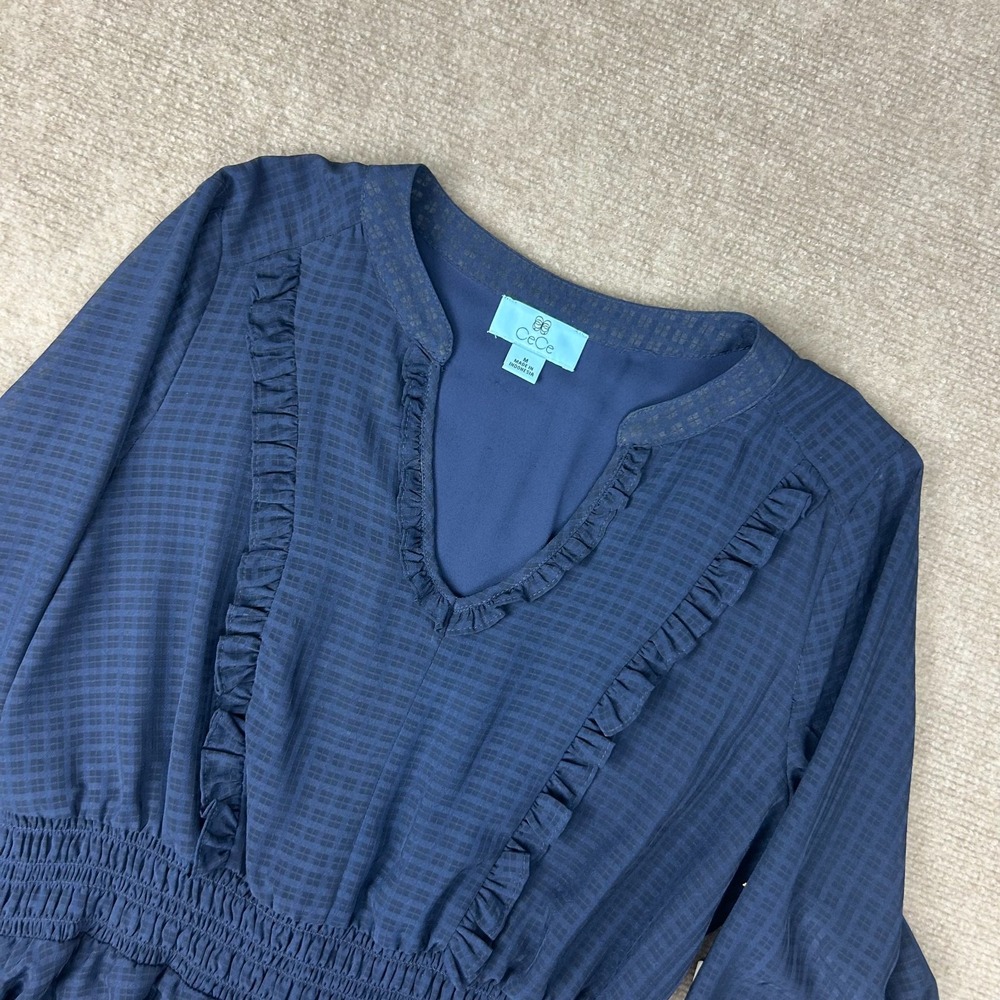 CeCe Peplum Blouse Women's Medium Blue Gingham Split‎ Neck Smocked Ruffled Trim